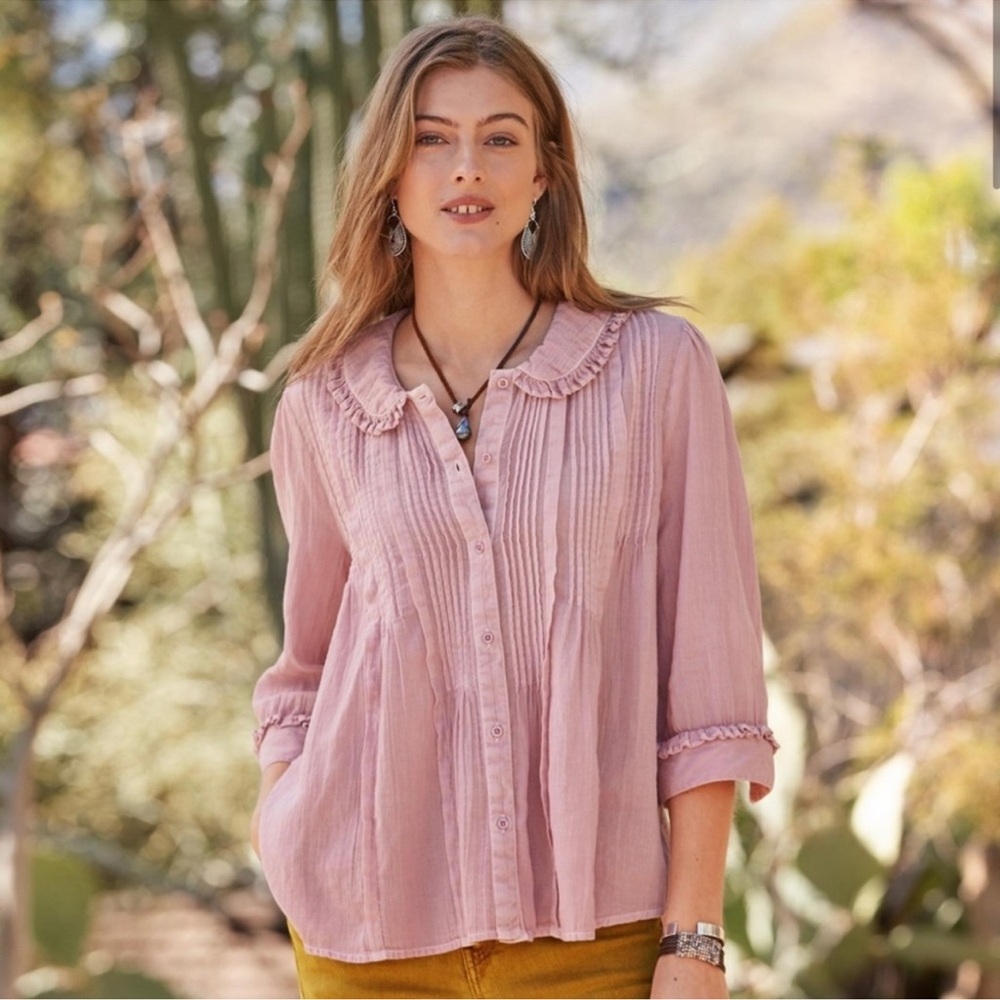SUNDANCE Pink Vineyard Ruffle 3/4 Sleeve Button-Up Shirt Womens